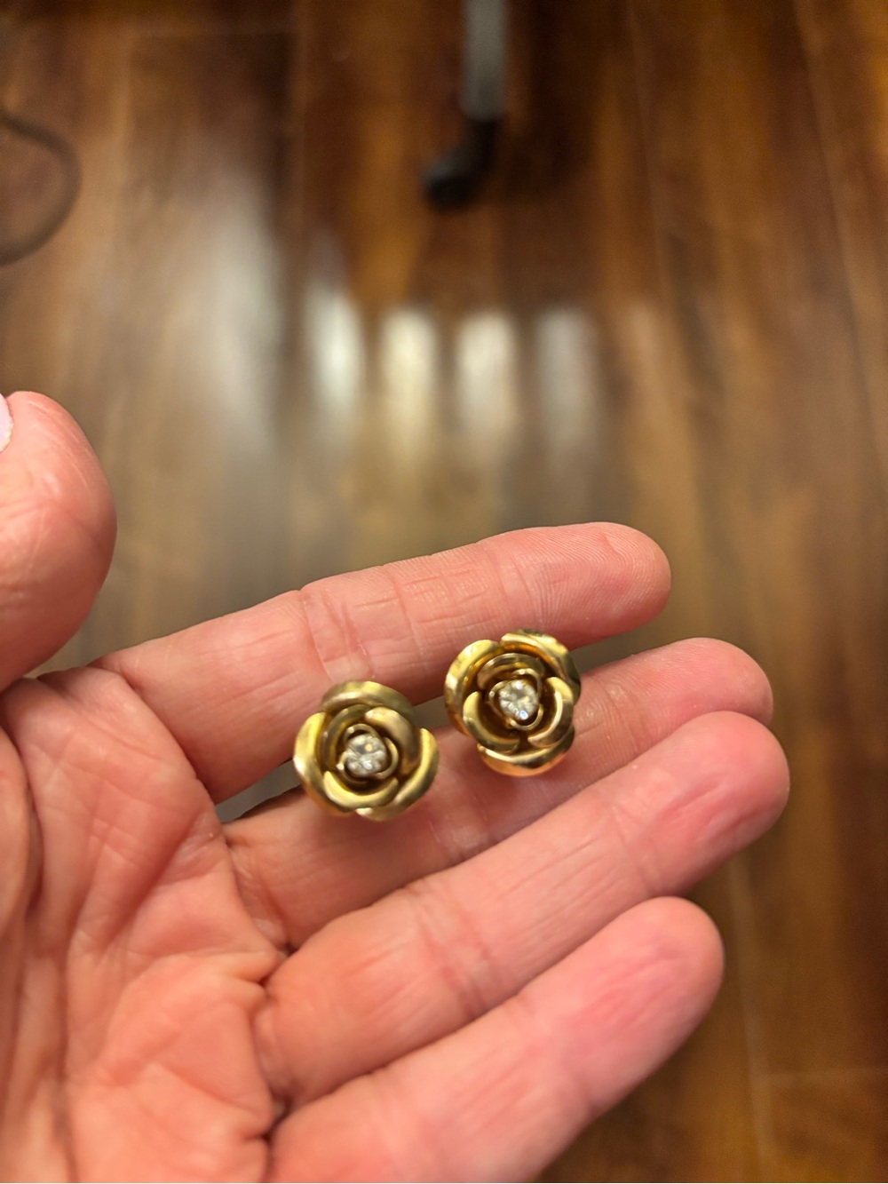 Gold Tone Flower Stud Earrings with Center Rhinestone- Women Jewelry